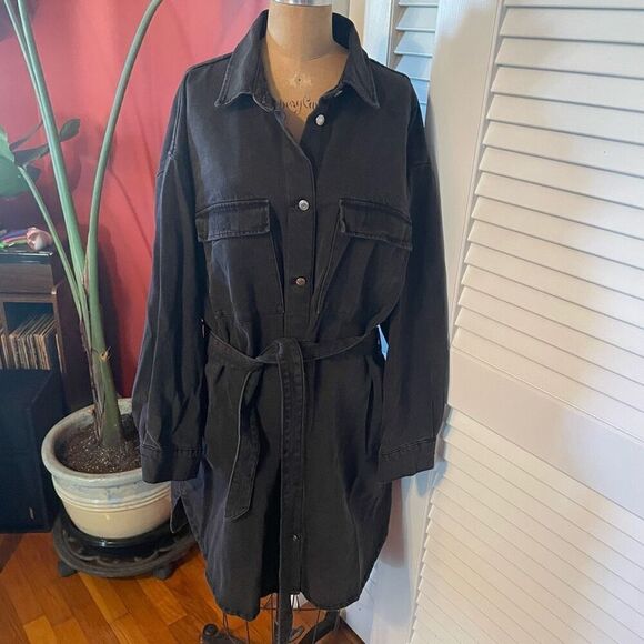 H&M DENIM | black belted denim oversized button down dress L - Picture 3 of 11